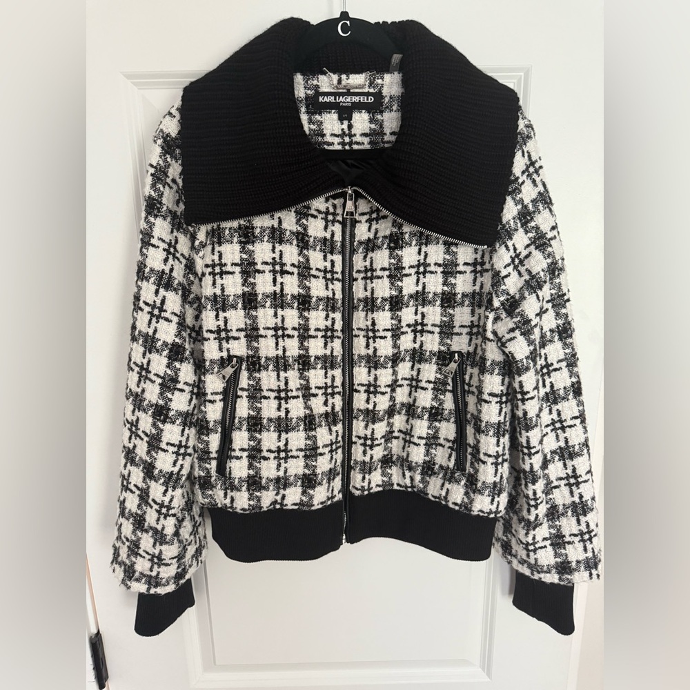 Karl Lagerfeld Black and White Patterned Tweed Bomber Jacket